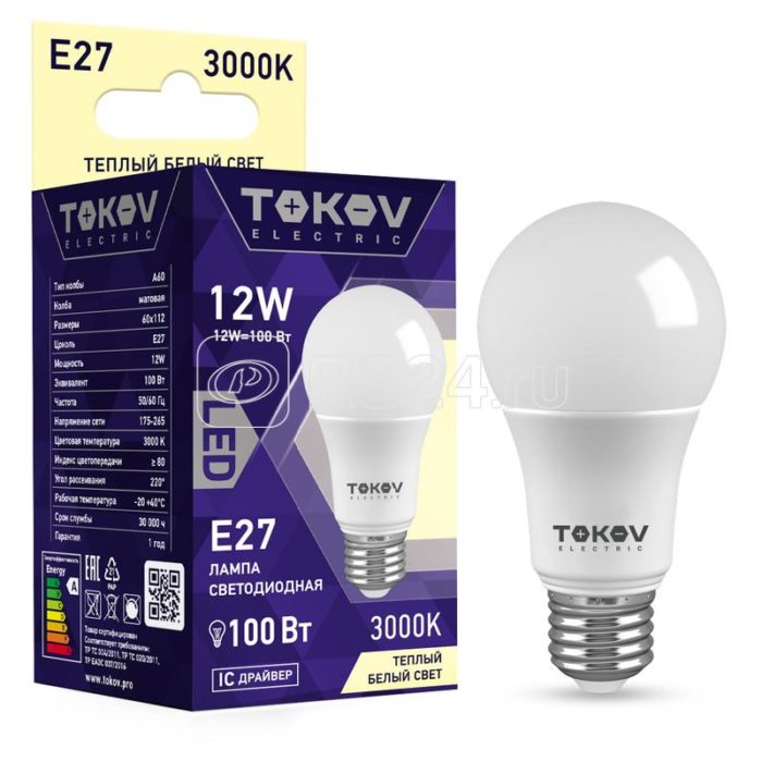 Лампа светодиодная 12Вт А60 3000К Е27 176-264В TOKOV ELECTRIC TKE-A60-E27-12-3K