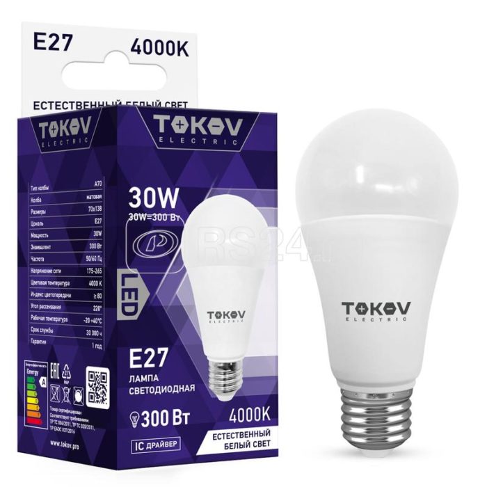 Лампа светодиодная 30Вт А70 4000К Е27 176-264В TOKOV ELECTRIC TKE-A70-E27-30-4K