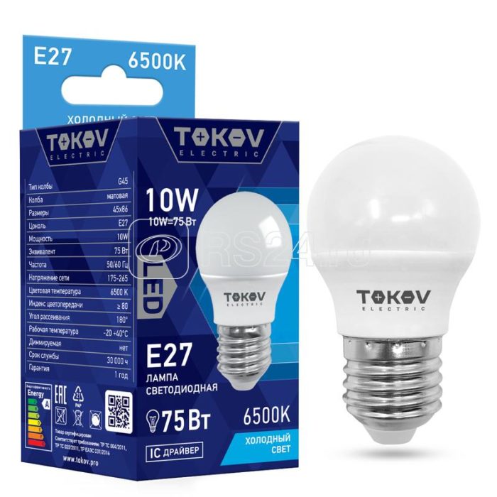 Лампа светодиодная 10Вт G45 6500К Е27 176-264В TOKOV ELECTRIC TKE-G45-E27-10-6.5K