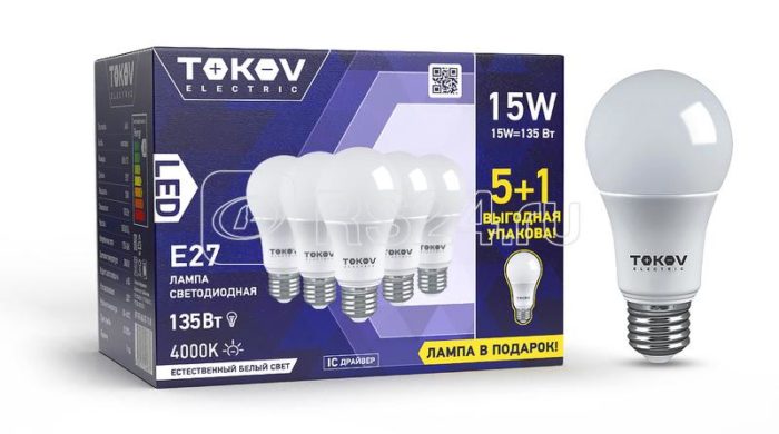 Набор ПРОМО лампа светодиодная 15Вт А60 4000К Е27 176-264В (Promo 5+1 шт) TOKOV ELECTRIC Promo-A60-E27-15-4K