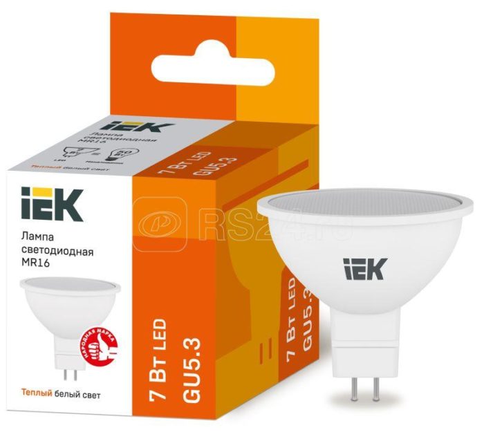 Лампа светодиодная Eco MR16 7Вт 3000К тепл. бел. GU5.3 630лм 230-240В IEK LLE-MR16-7-230-30-GU5