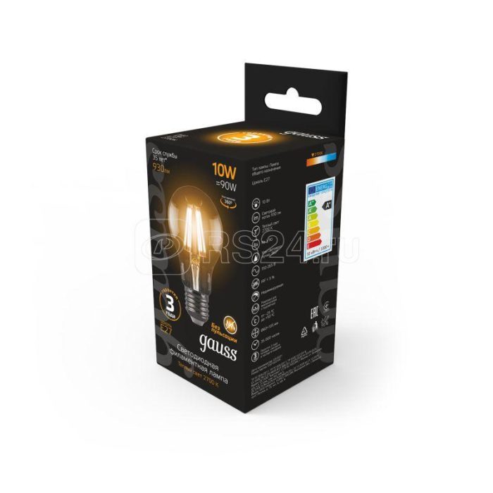 Лампа светодиодная филаментная Black Filament 10Вт A60 грушевидная 2700К тепл. бел. E27 930лм GAUSS 102802110 — изображение 2
